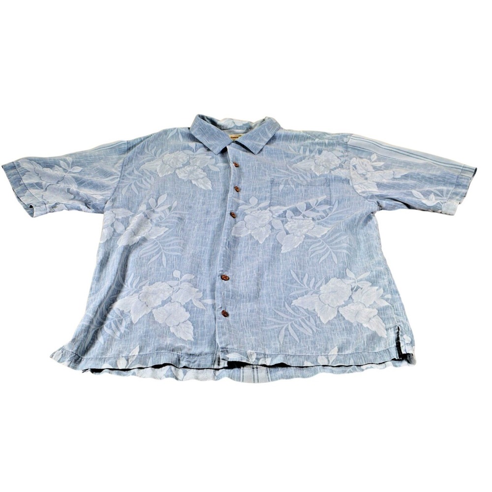 Tommy Bahama Shirt Mens L Blue Floral 100% Silk Short Sleeve Button Up Relaxed